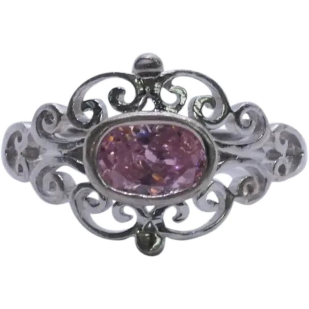Vintage 90s Sterling Silver Ring with Pink Gemstone Size 7.5